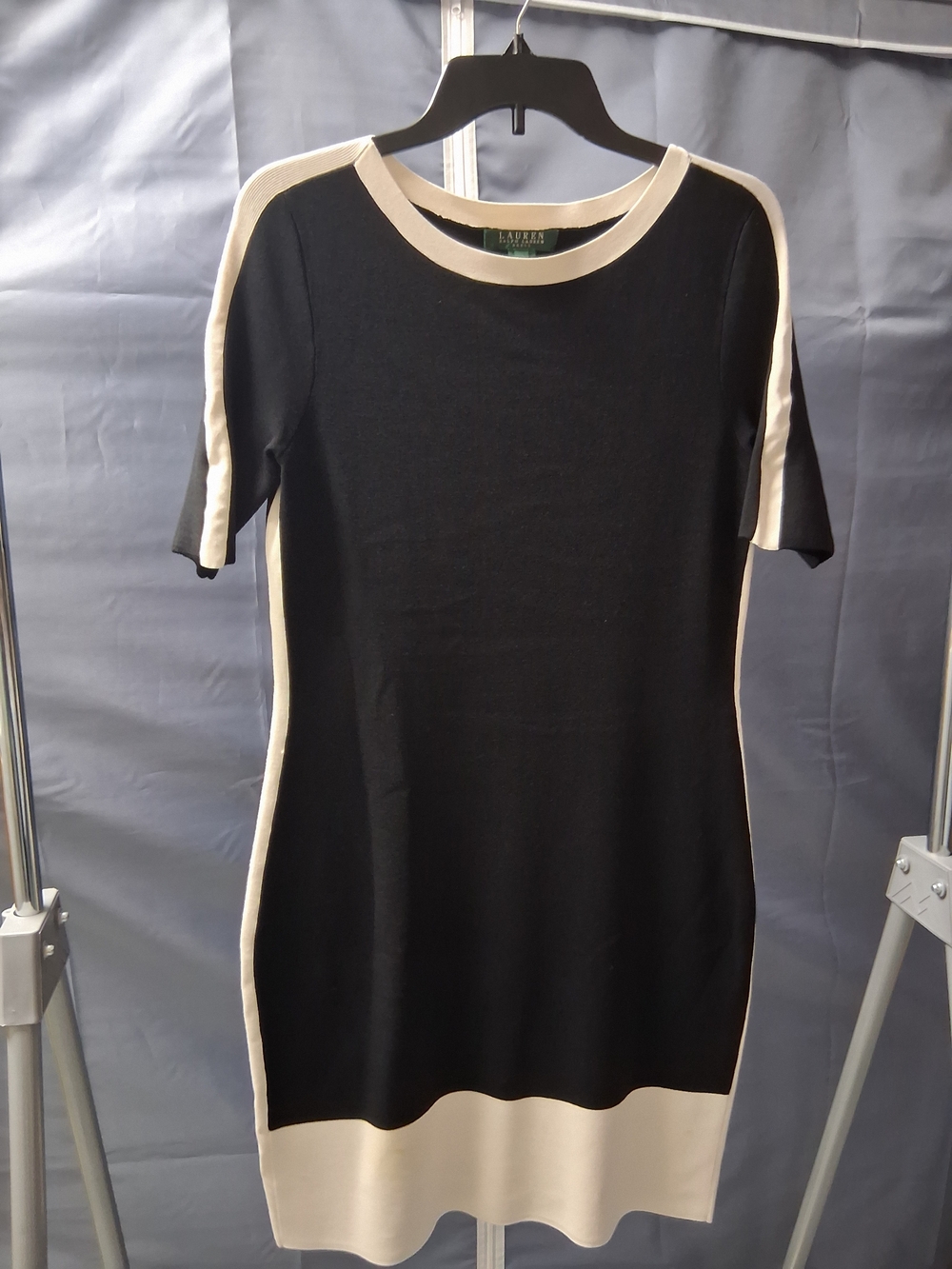 Ralph Lauren Black Dress with Cream Trim Asymmetrical Hem